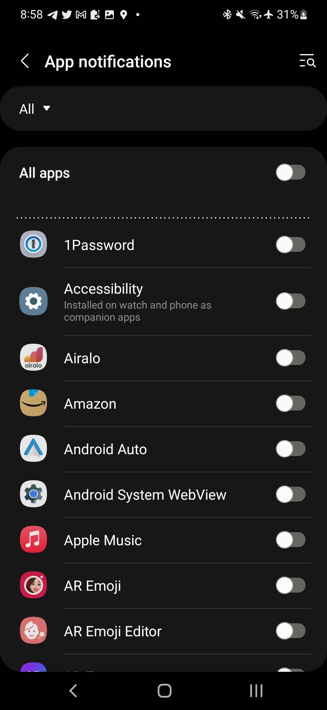A screenshot of the Galaxy Watch notifications menu showing all the apps with the notifications tab set to "off" on the right side of each app.