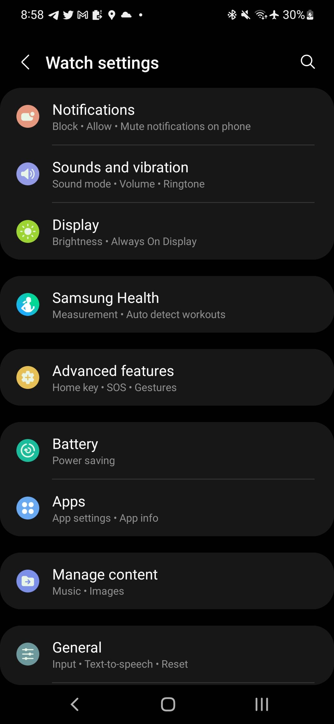 A screenshot of the Galaxy Watch settings menu.