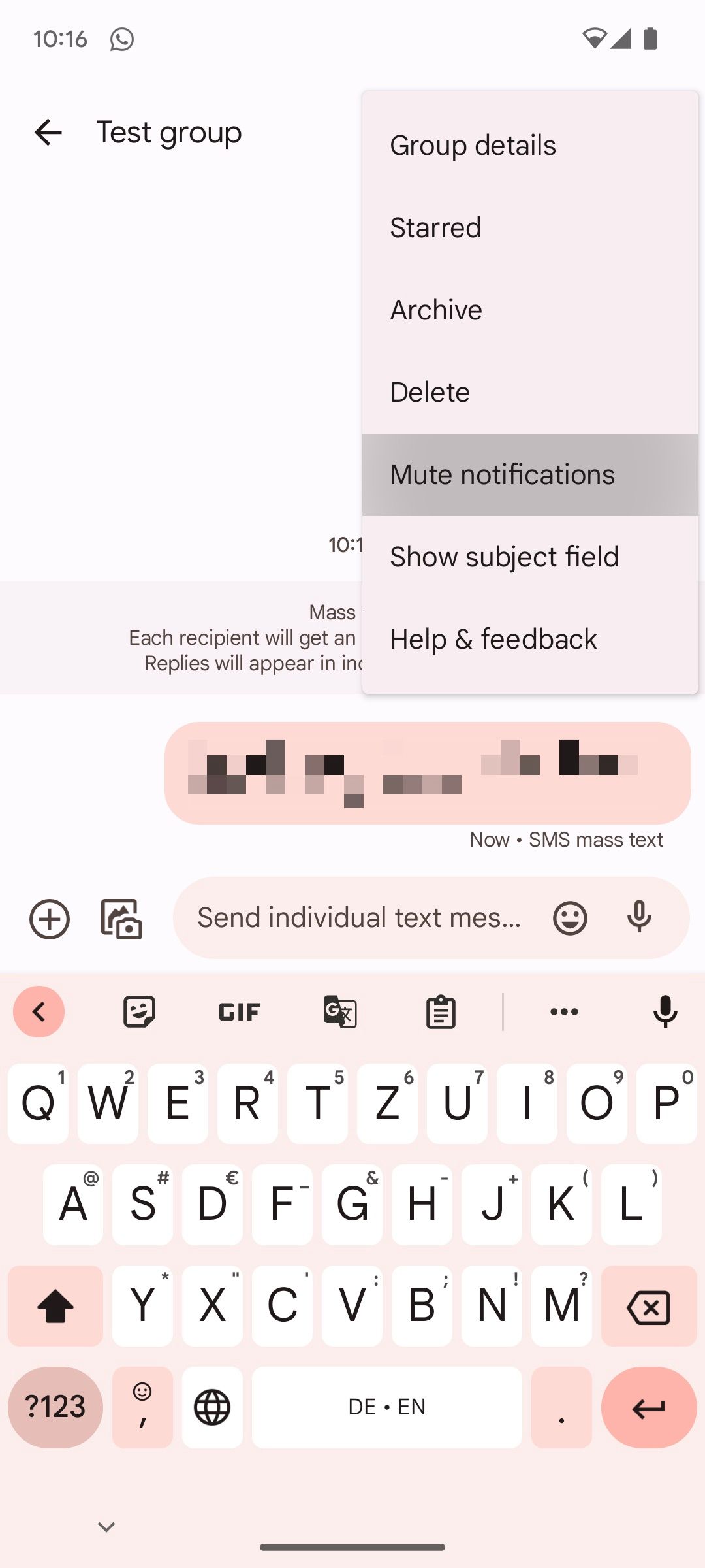 Group Chat menu in Google Messages