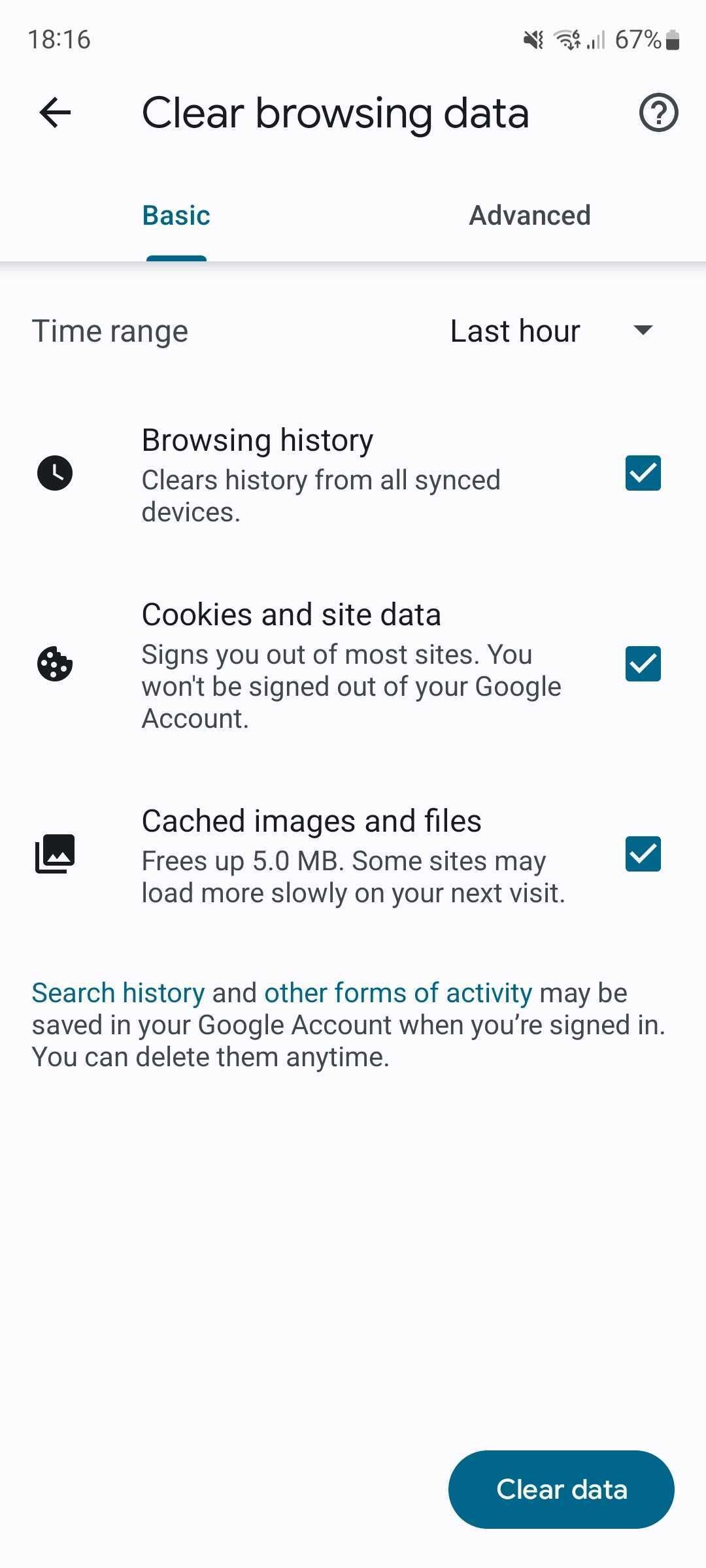 A screenshot of Google's history clearing page