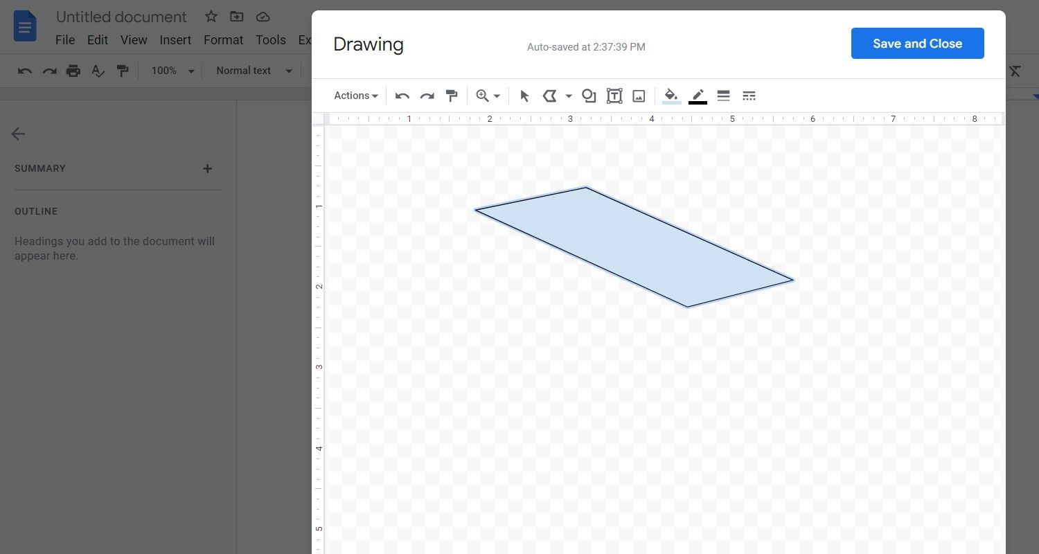 The Google Docs drawing area showing a shape that's been drawn
