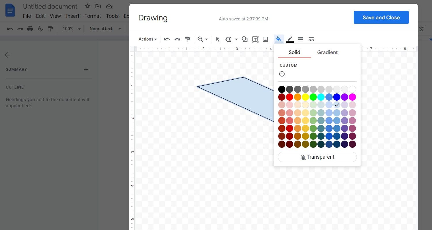 The Google Docs drawing area showing the available color choices for drawing objects
