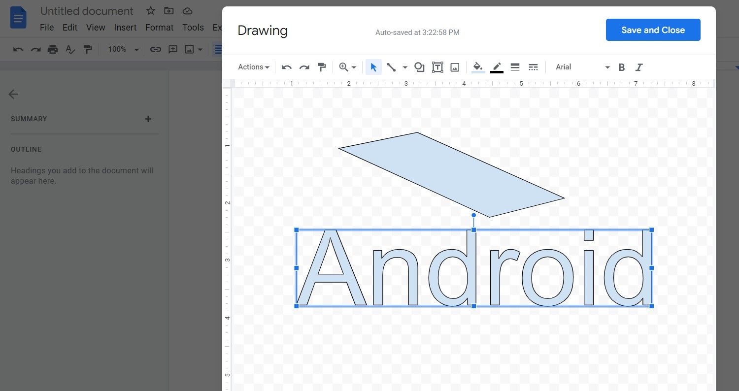 An example of how to create text in a Google Docs drawing
