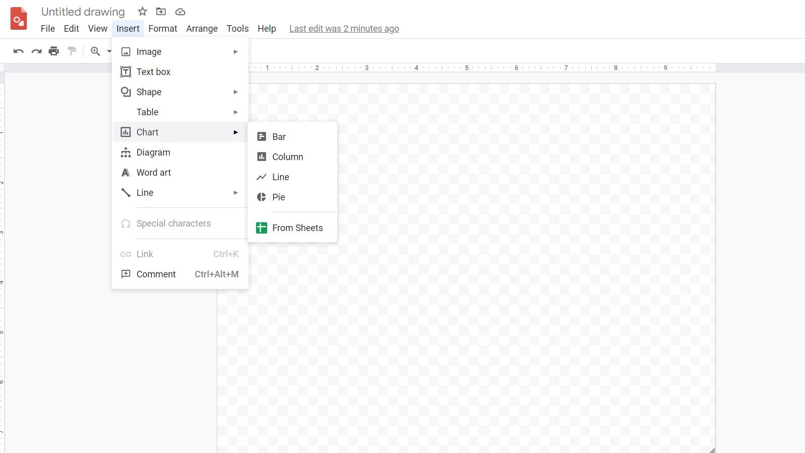Go to the Insert menu to find other types of objects that can be inserted in a Google Docs drawing