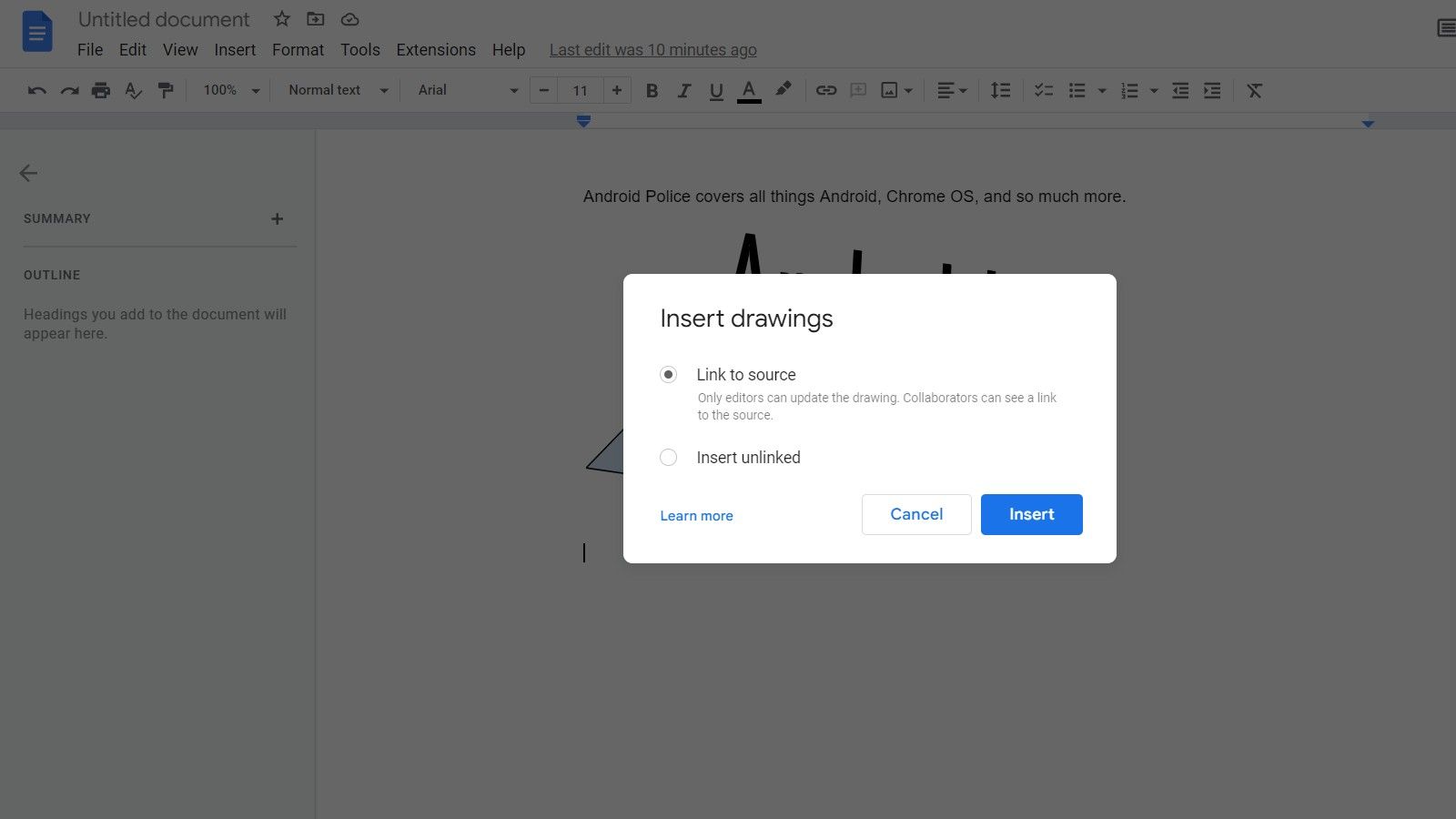 Choose how to insert the drawing, either linked or unlinked, into a Google Docs document