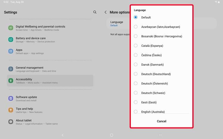 Live Caption language settings on Samsung S7 tablet