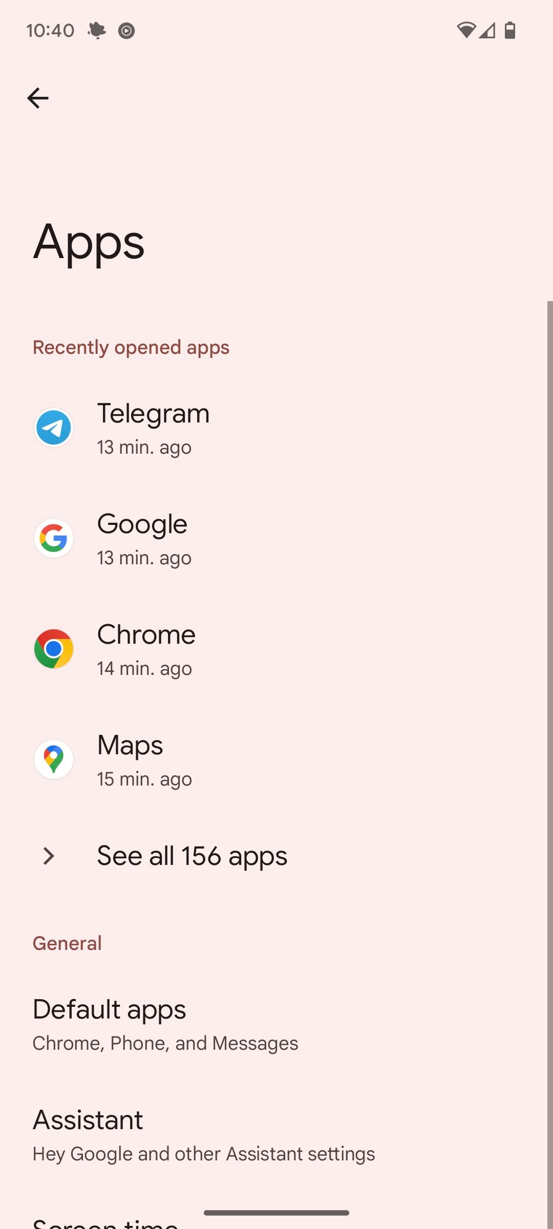 A screenshot of the apps settings menu on a Pixel with a pastel orange background.