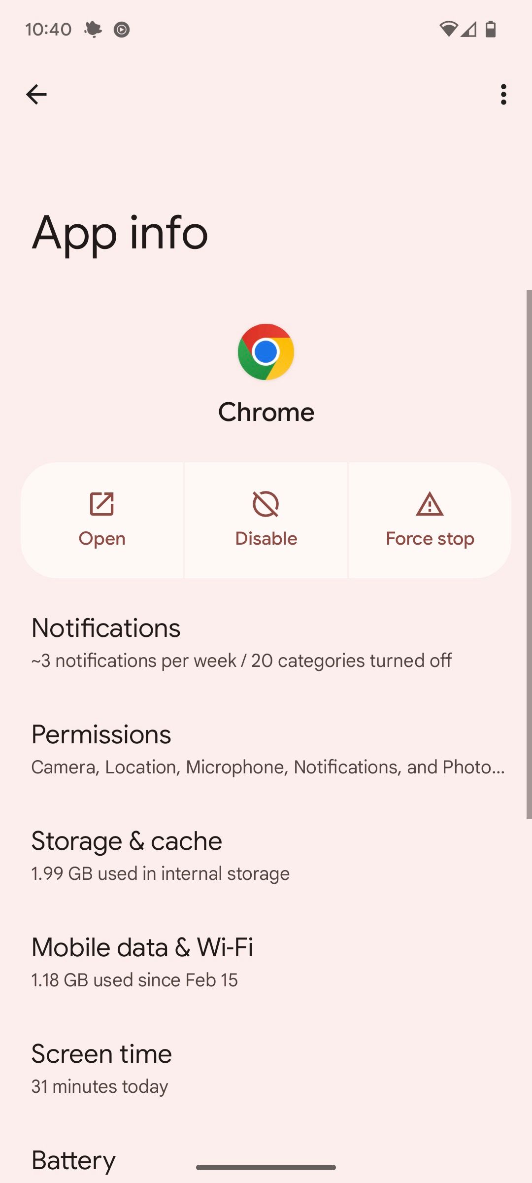 A screenshot of the Pixel notifications settings menu with a pastel orange background.