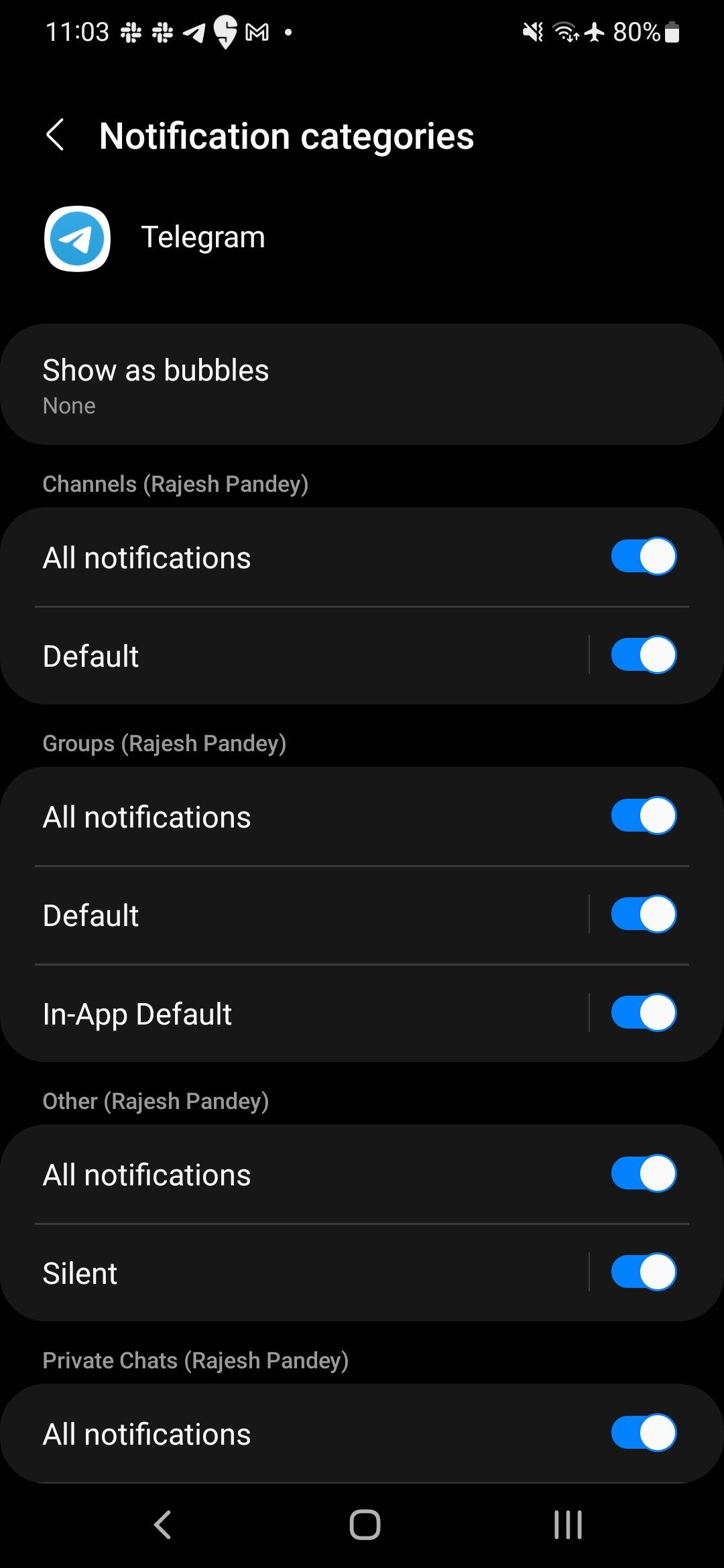 A screenshot of the android notifications channels menu for the Telegram app