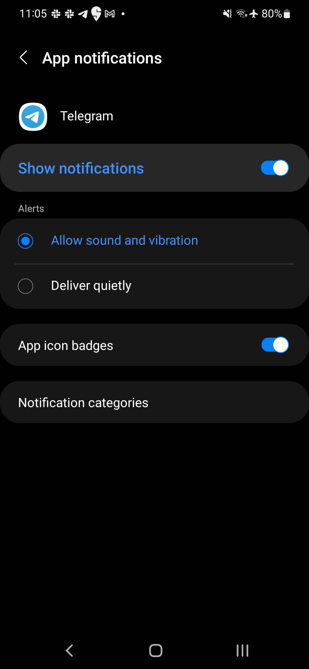 A dark mode screenshot of the notifications menu for the Telegram app