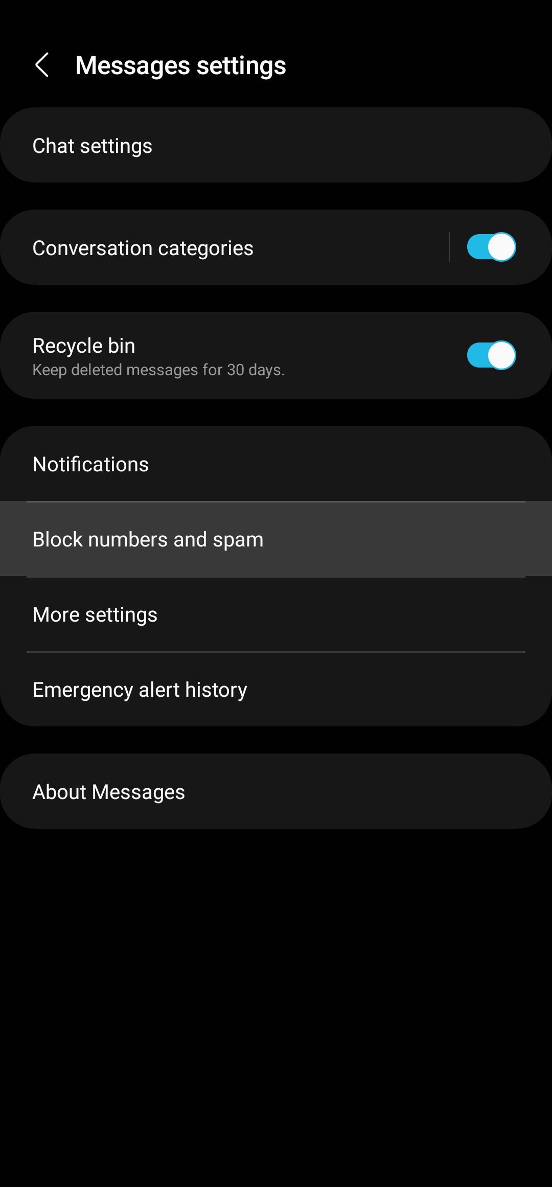 Tela de configurações do Samsung Messages