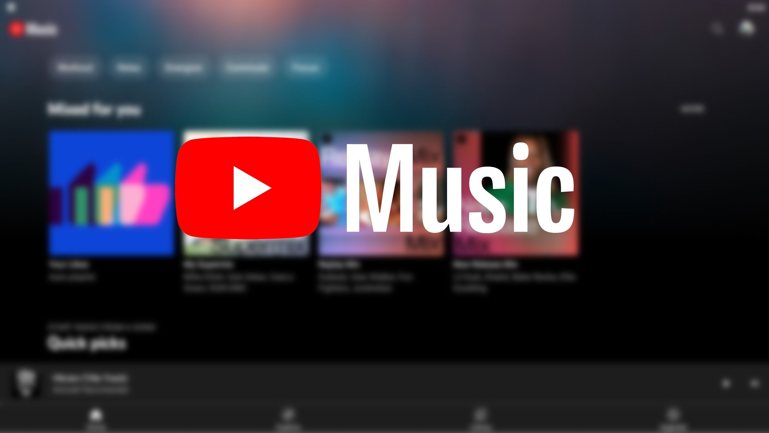 The YouTube Music logo against a blurred image of the YouTube app
