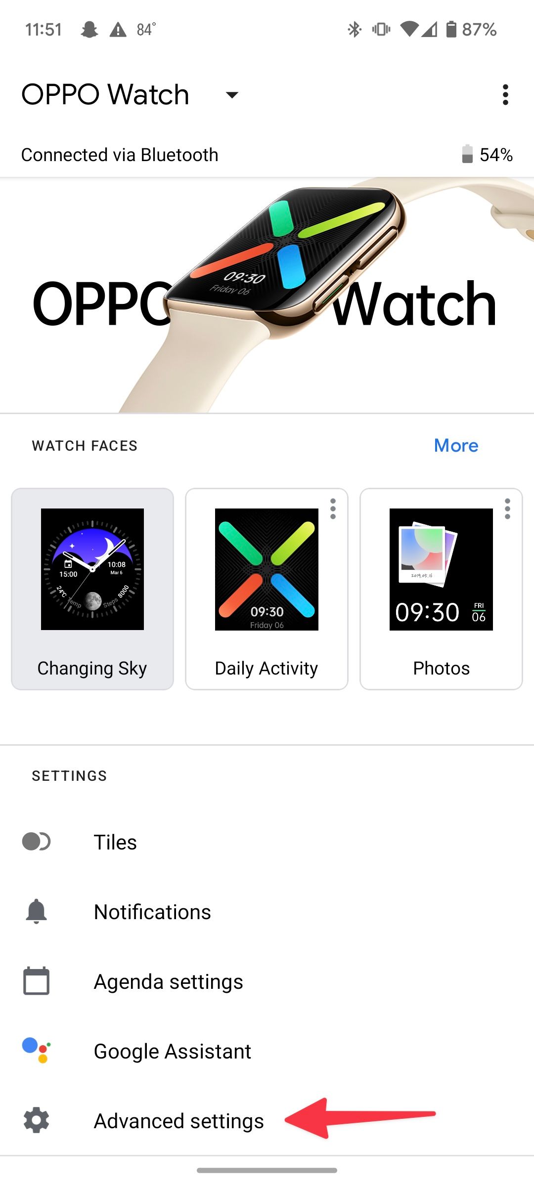Select the advanced settings section in the Oppo Watch app or a similar watch app.