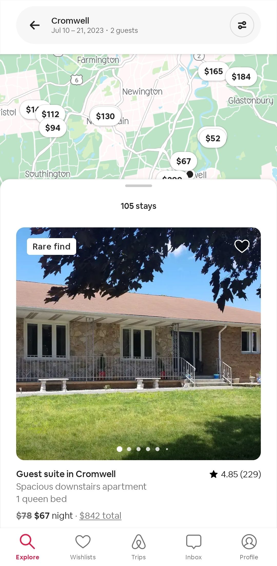 The Airbnb app's stays and experiences showing a trip to Cromwell.