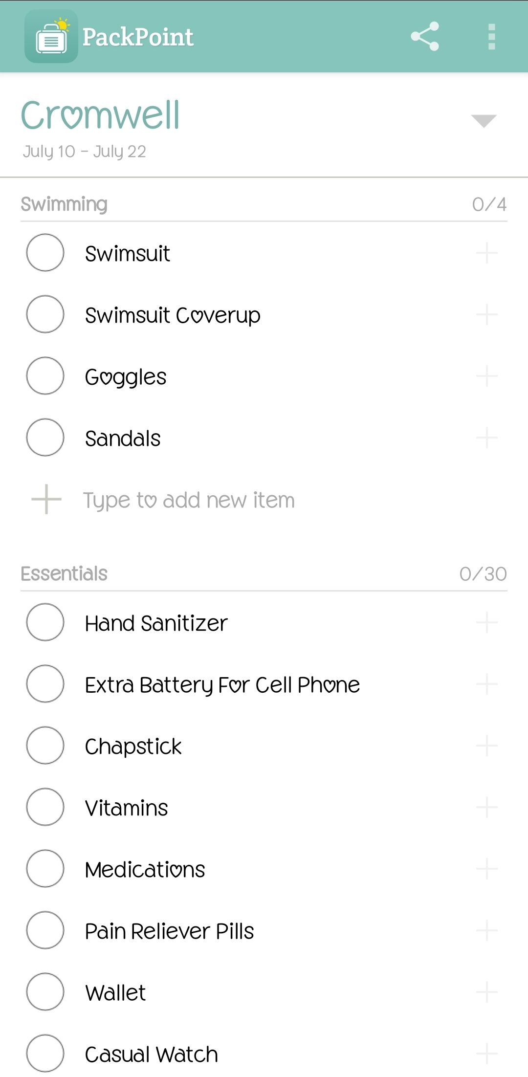 The PackPoint Android app's packing list page.