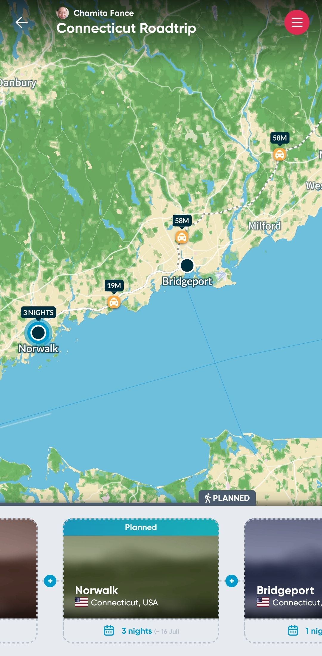 The Polarsteps travel planner and tracker Android app showing a map of a Connecticut road trip.