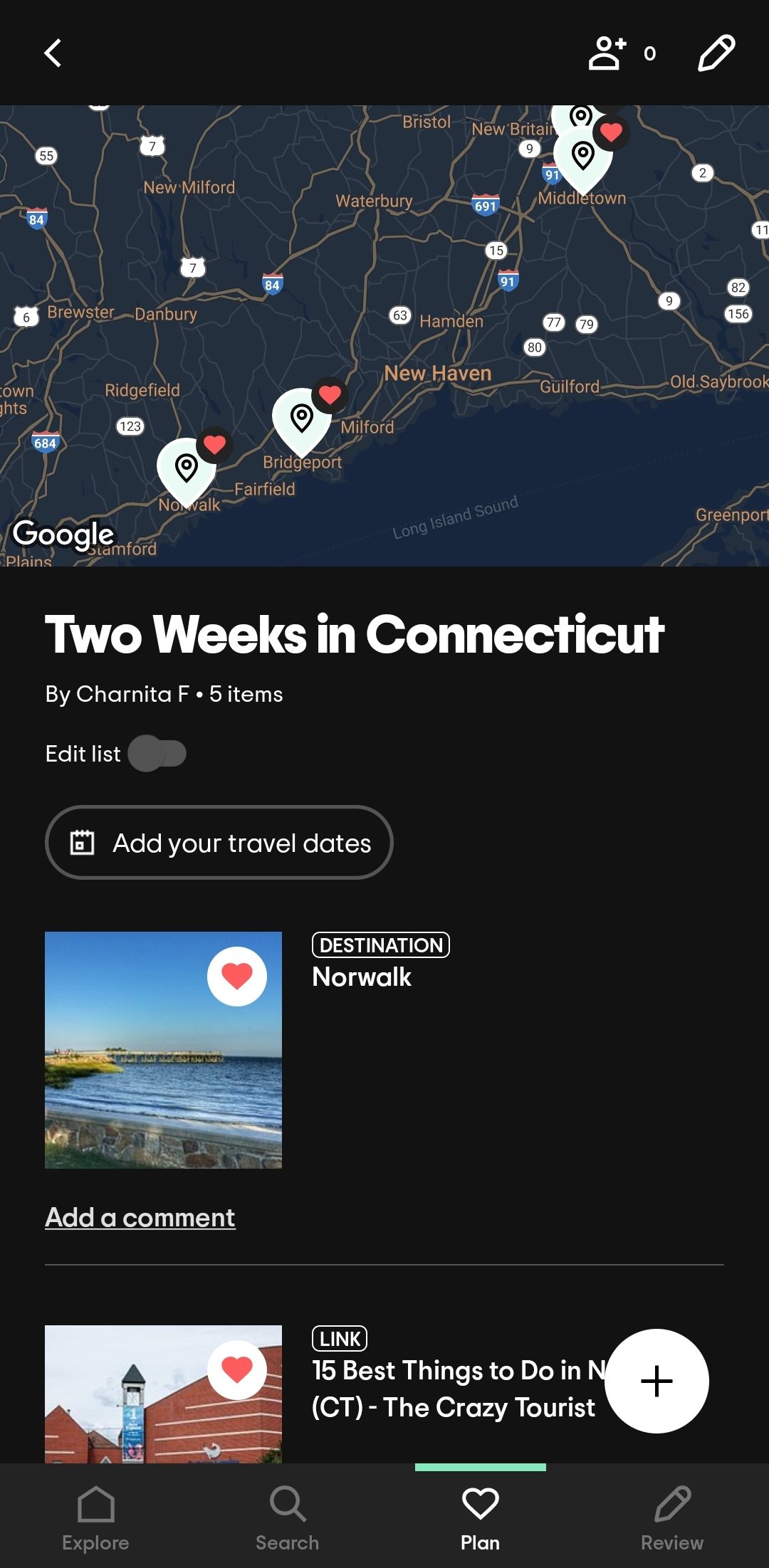 The Tripadvisor app's trip page showing a two-week trip in Connecticut.