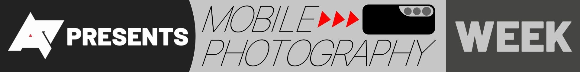 Black and gray banner with black, white, and gray text and red icons. The banner reads "AP Presents Mobile Photography Week."