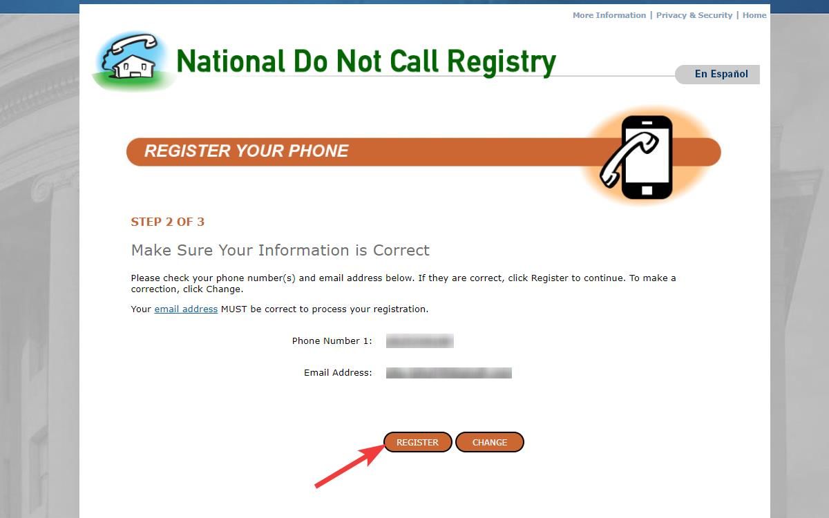 Confirming registration on the National Do Not Call Registry