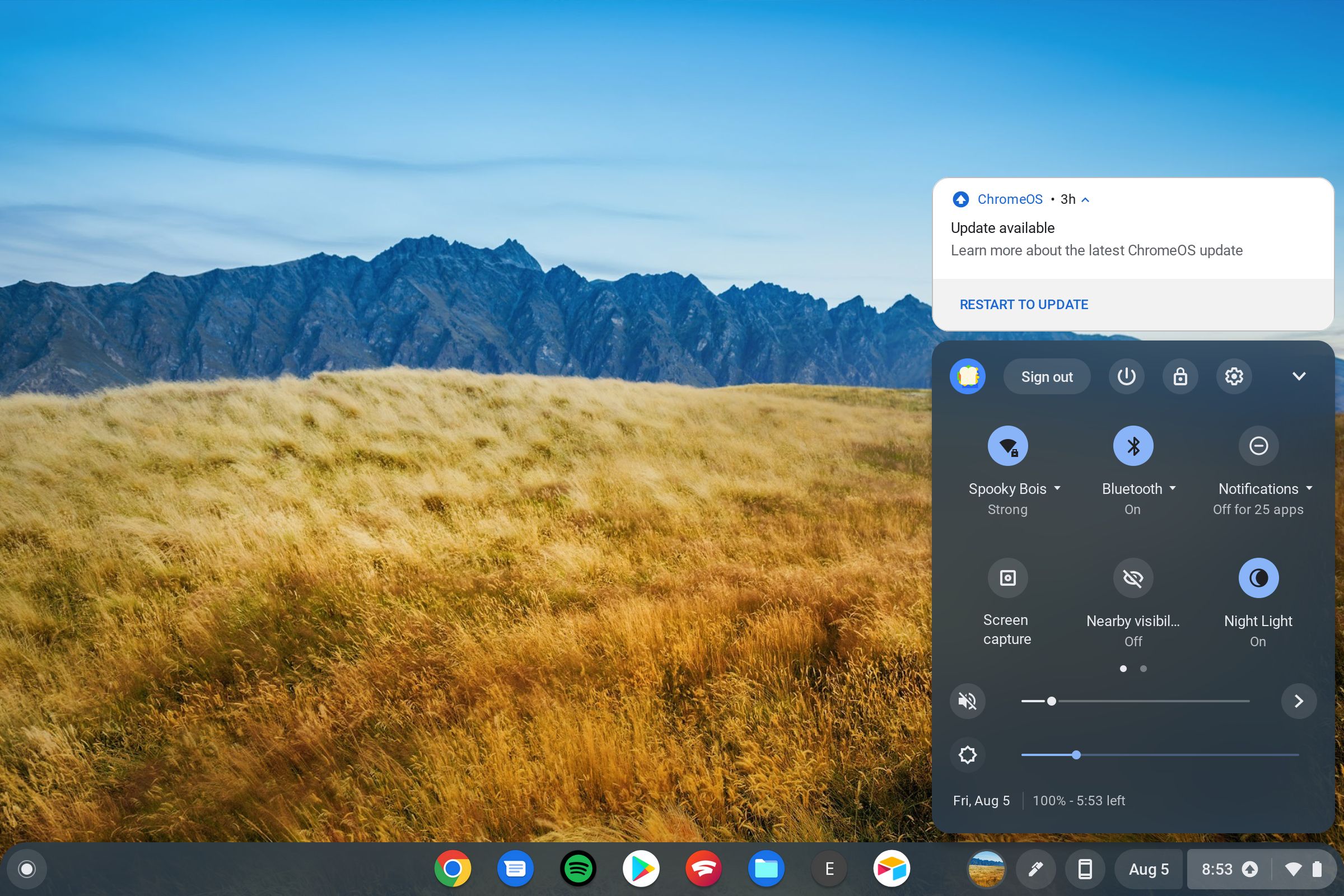 The Chromebook notification center with an update notification.