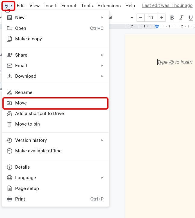 google docs web editor with the file menu expanded and the move button highlighted