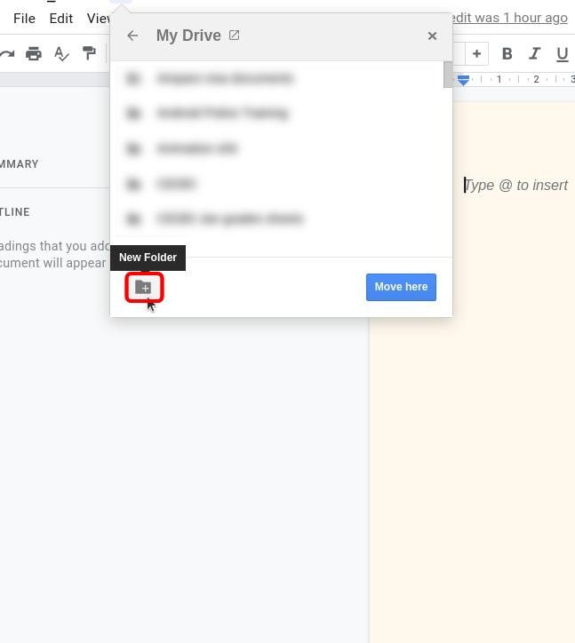 google docs web editor with the move pop-up open and the new folder button highlighted