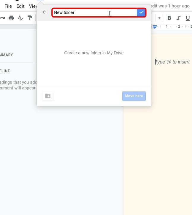 google docs web editor with the move pop-up open and the new folder title field highlighted 