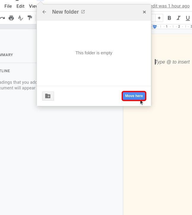 google docs web editor with a new folder pop-up open and the move here button highlighted