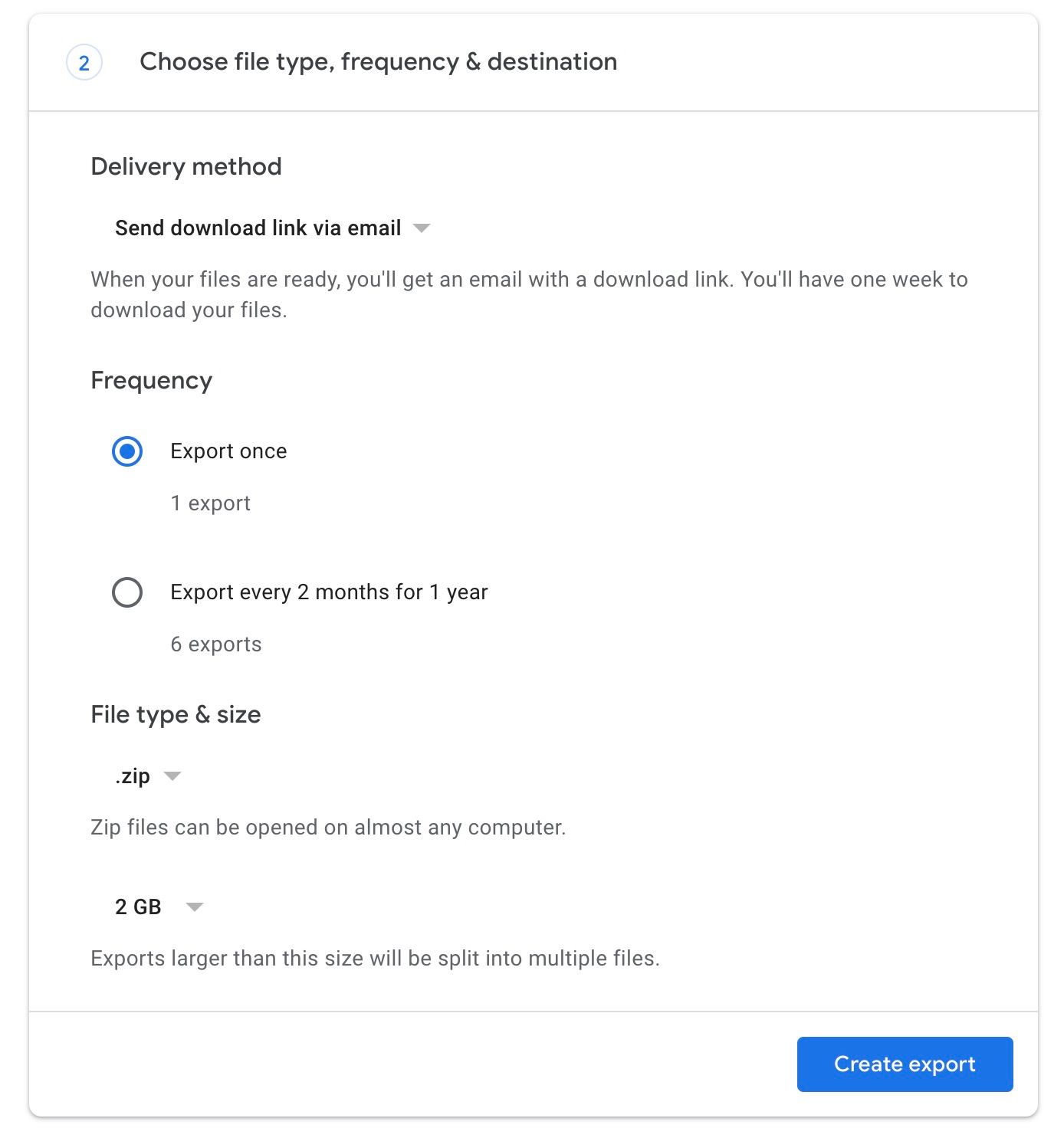 export data in Google takeout