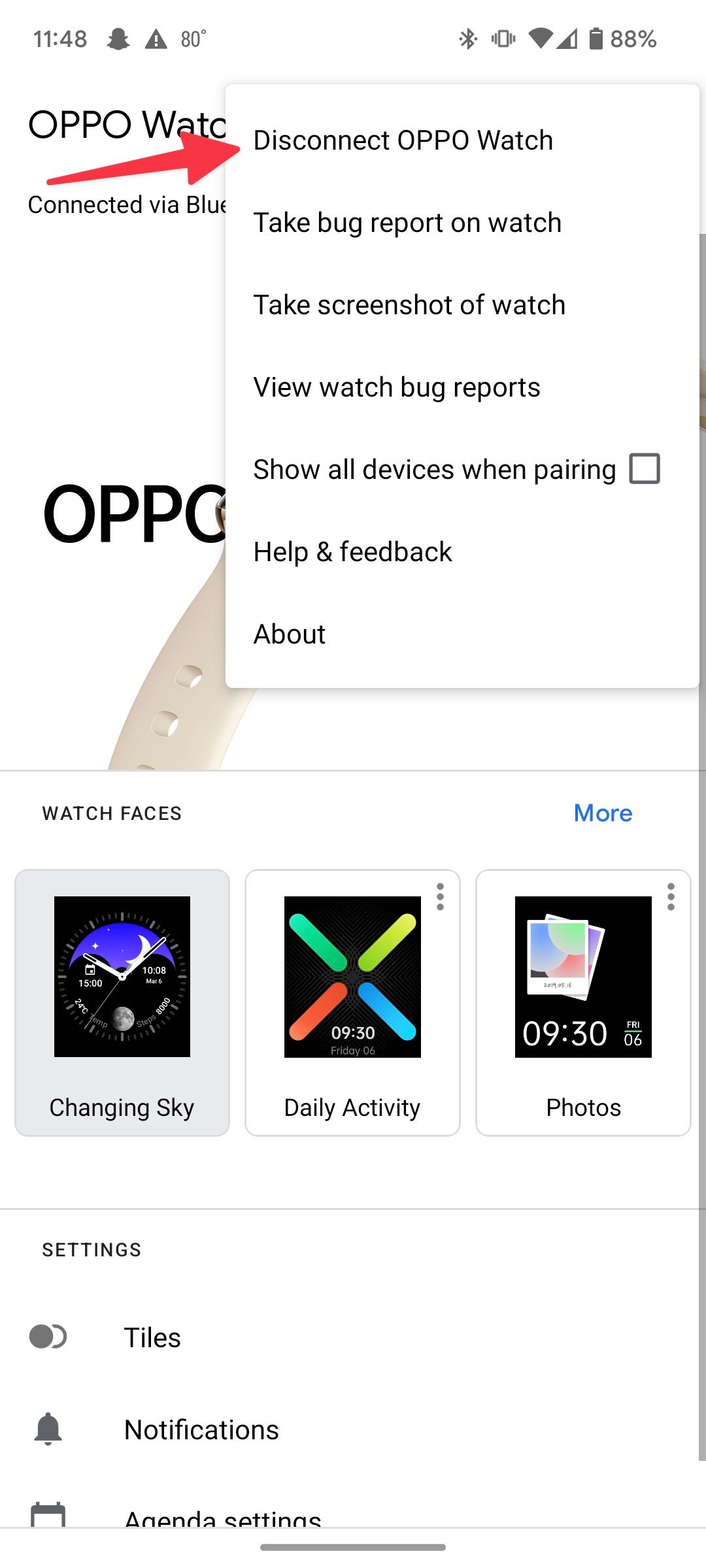 Choose the disconnect option in a smartwatch app.