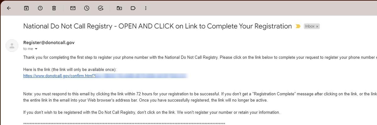 National Do Not Call Registry confirmation email