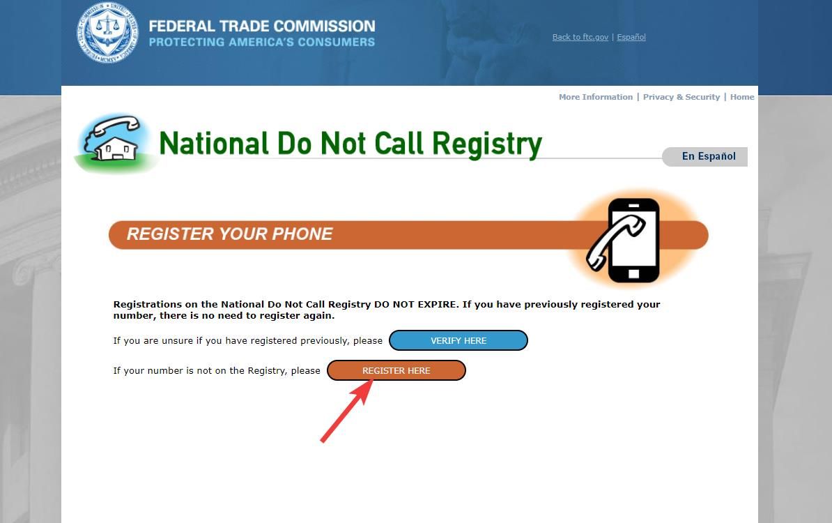 National Do Not Call Registry phone registration page