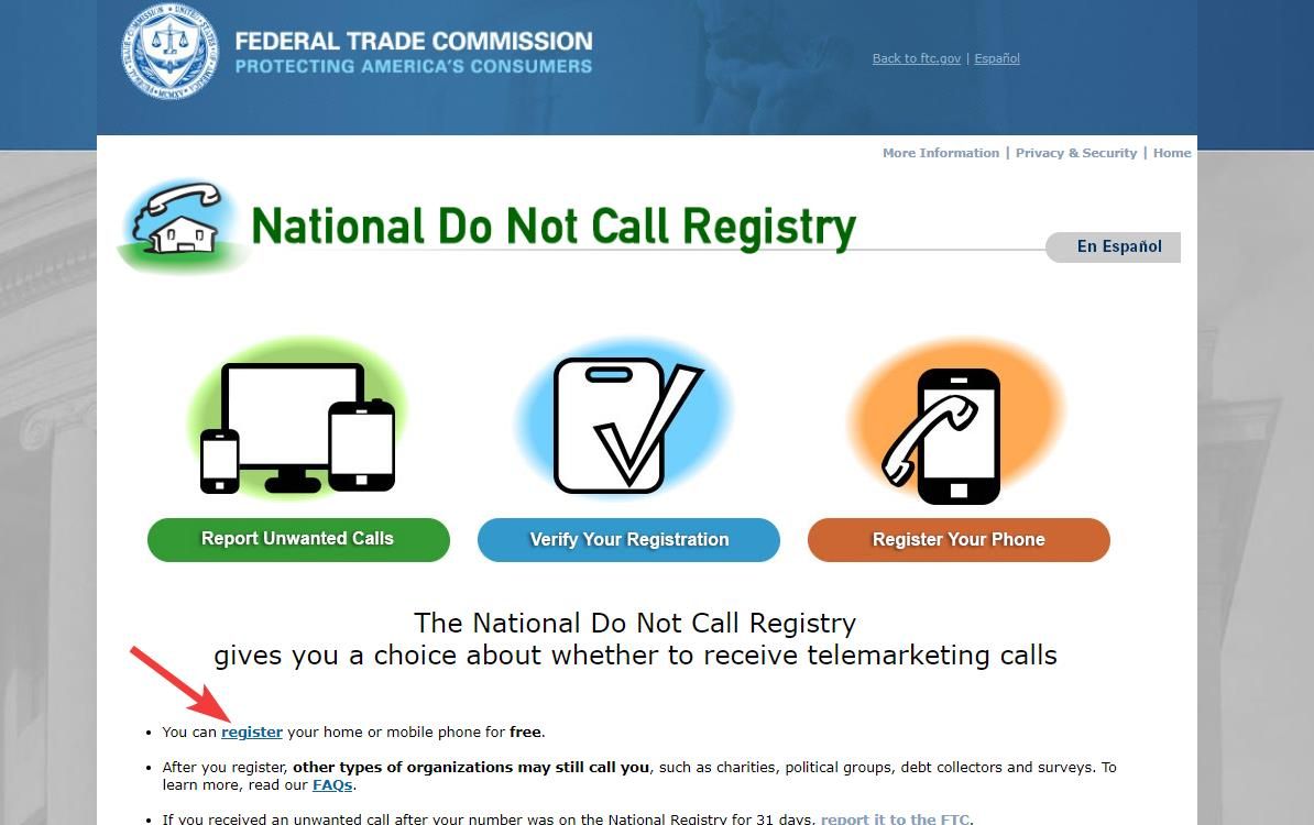 National Do Not Call Registry homepage