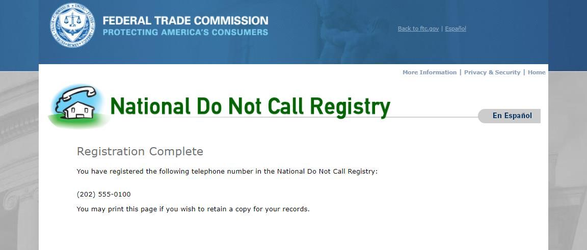 Registration completed on the National Do Not Call Registry