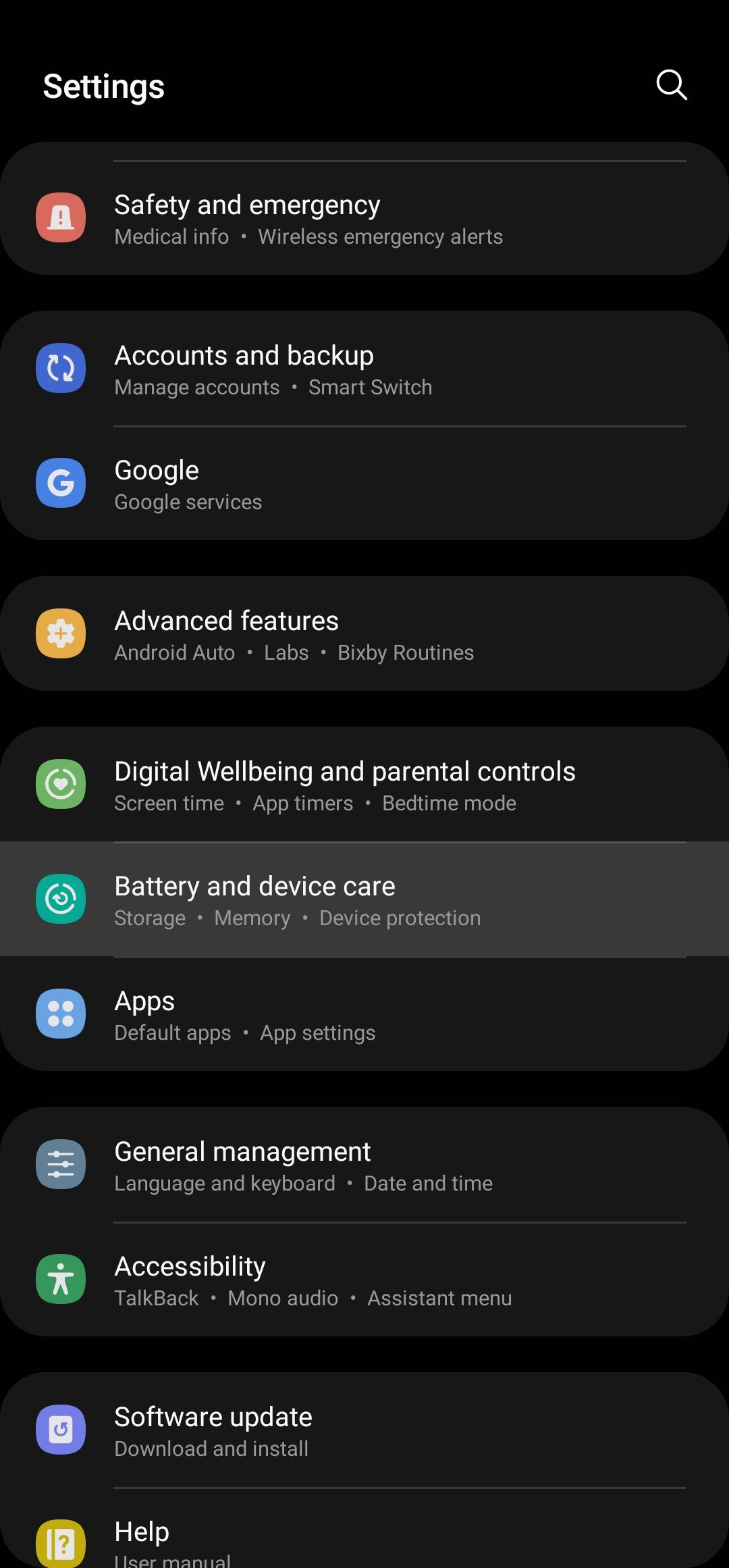 screenshot of android phone's settings menu in dark mode