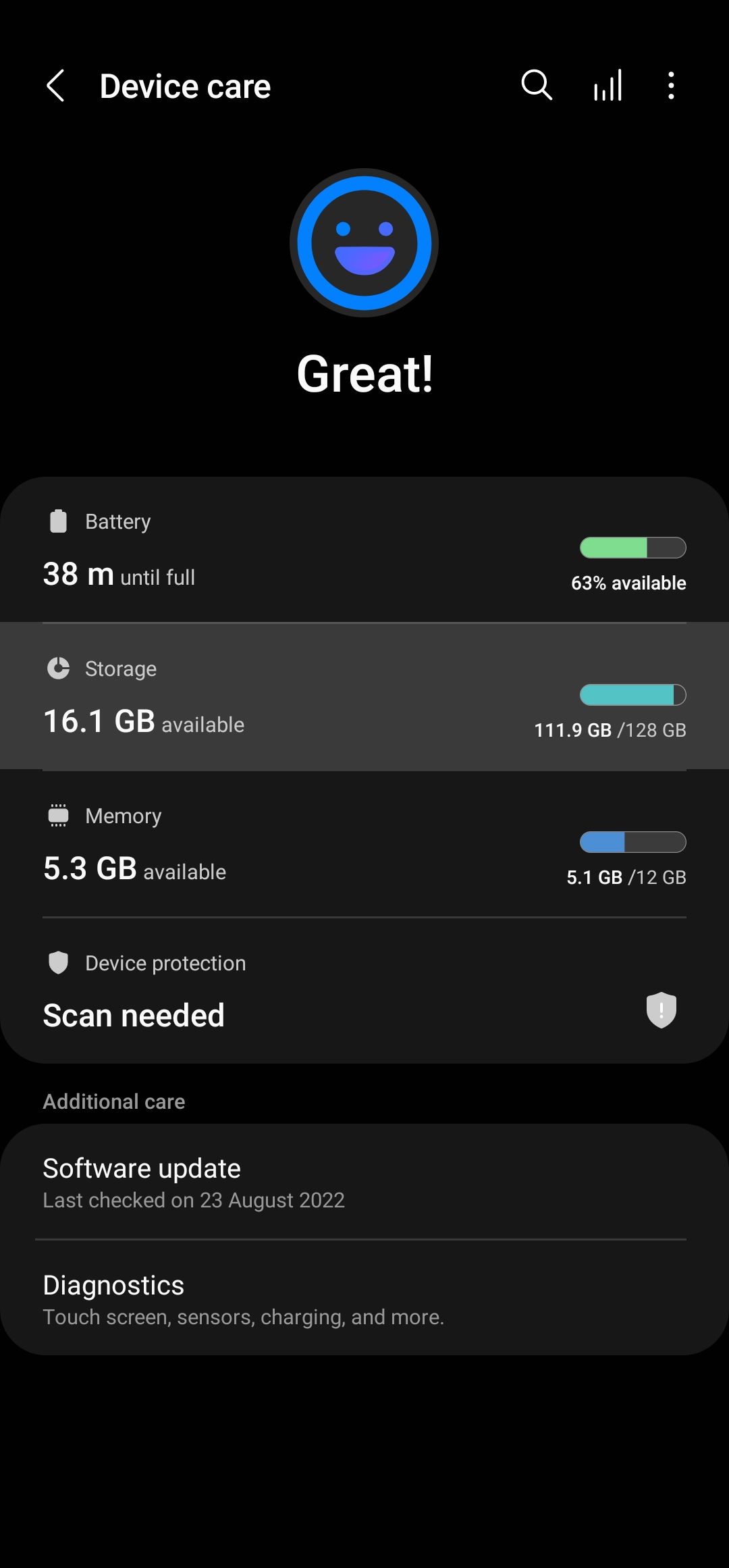 screenshot of android phone's device care menu in dark mode
