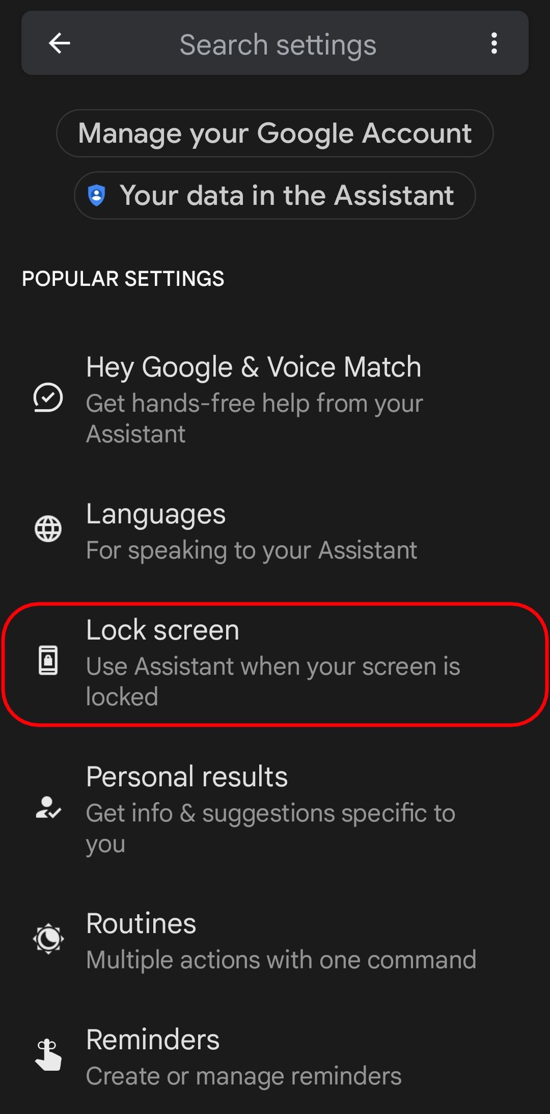 the google assistant settings page with the lock screen options highlighted