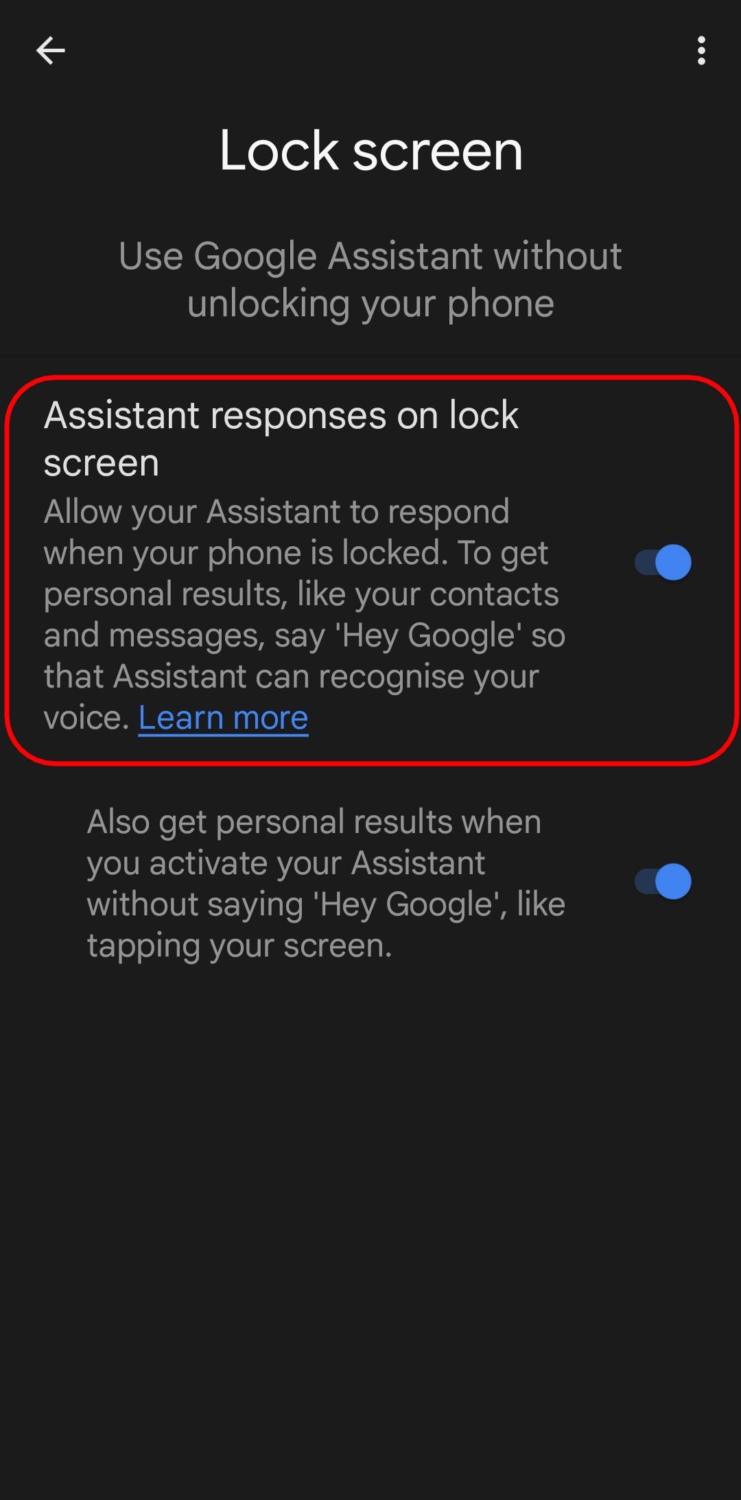 the google assistant lock screen settings page open with the assistant responses on lock screen toggle highlighted