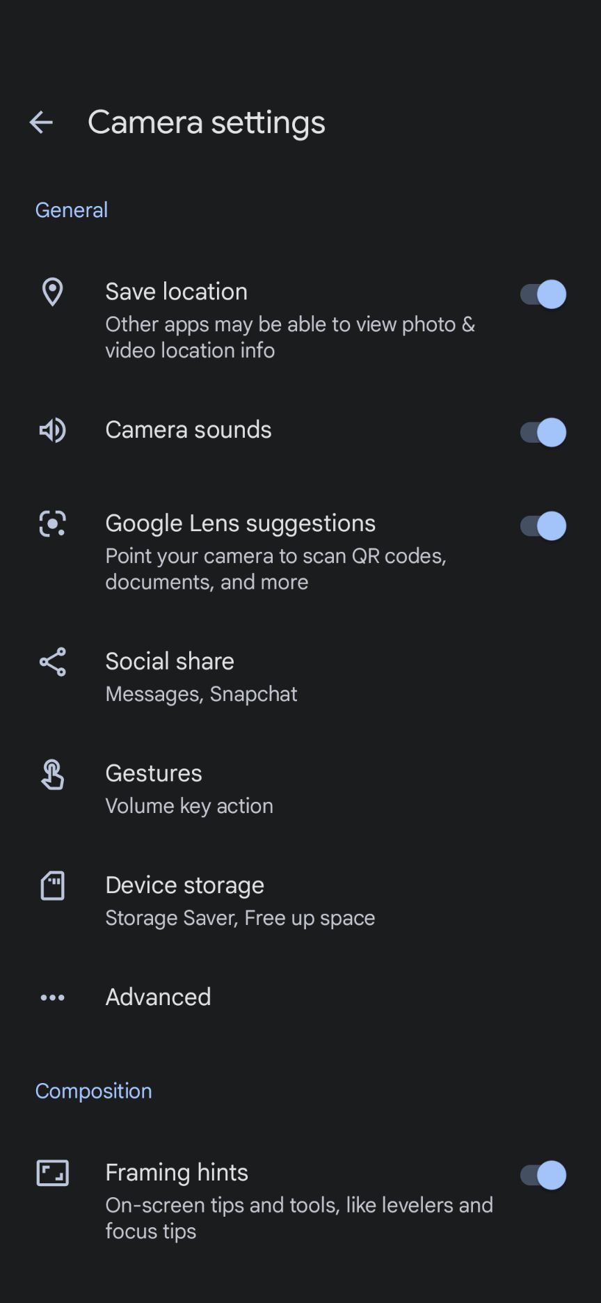The Google camera app's More settings menu.