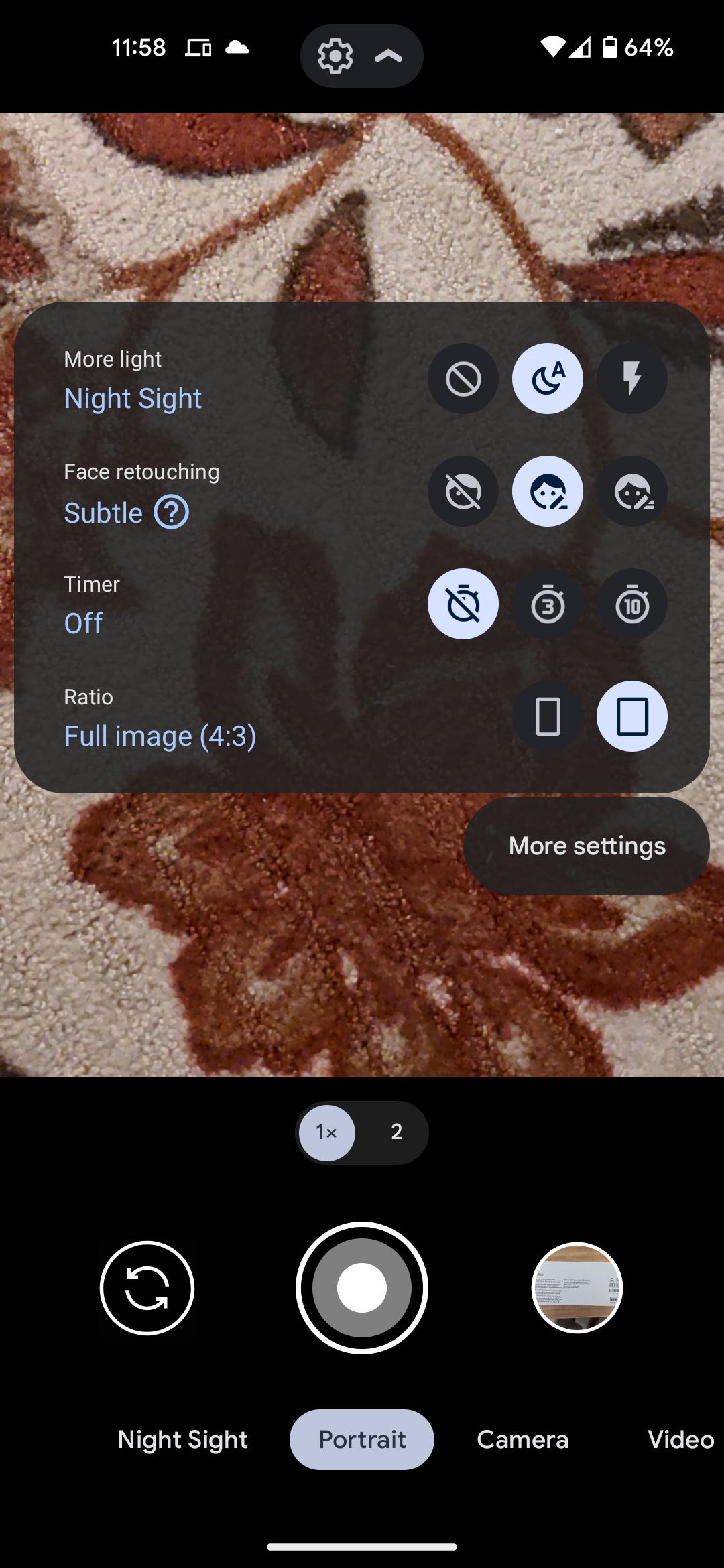 The Google camera app's portrait mode settings menu.