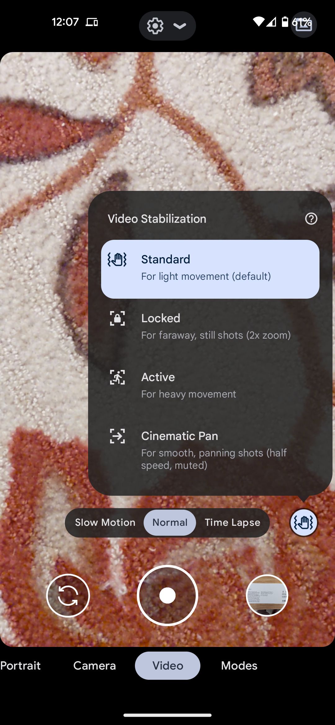 The Google camera app's video mode stabilization settings menu.