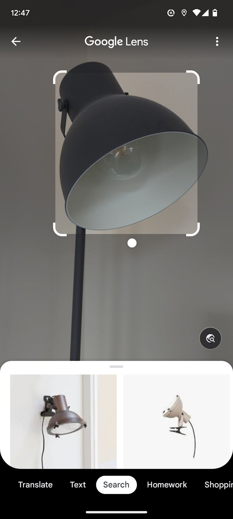 A screenshot of the Google Lens app is displayed, showing the results of scanning a lamp.