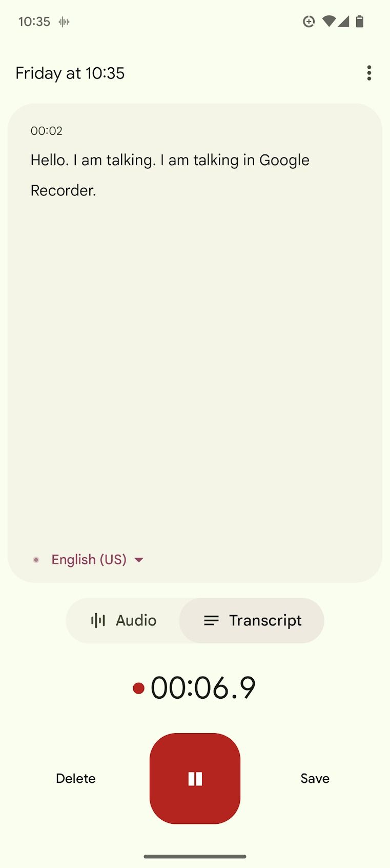 recorder app screenshot of voice recording transcript