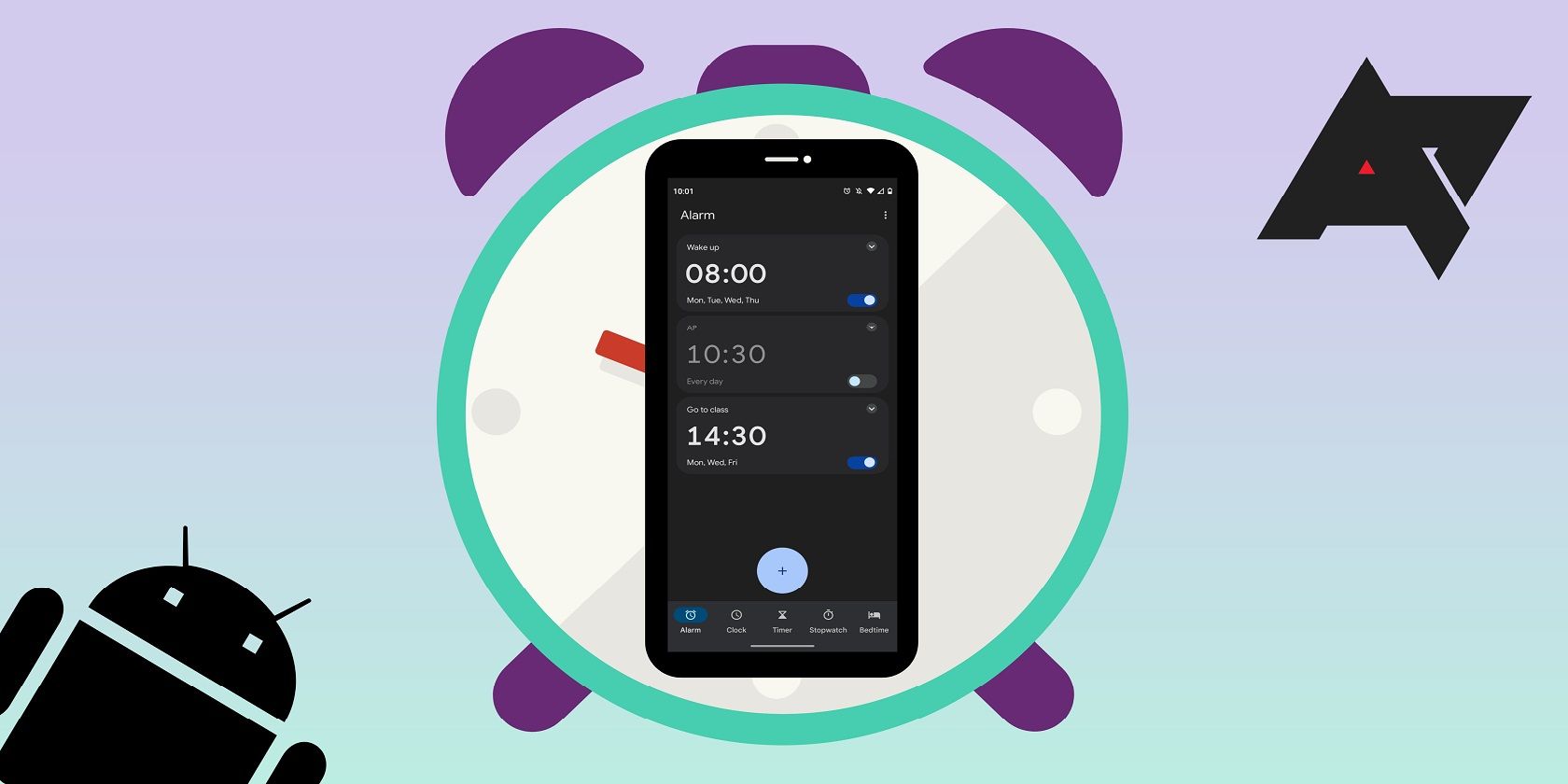 Image shows a phone screen displaying alarms on top of an alarm clock design as well as the Android icon and Android Police watermark.