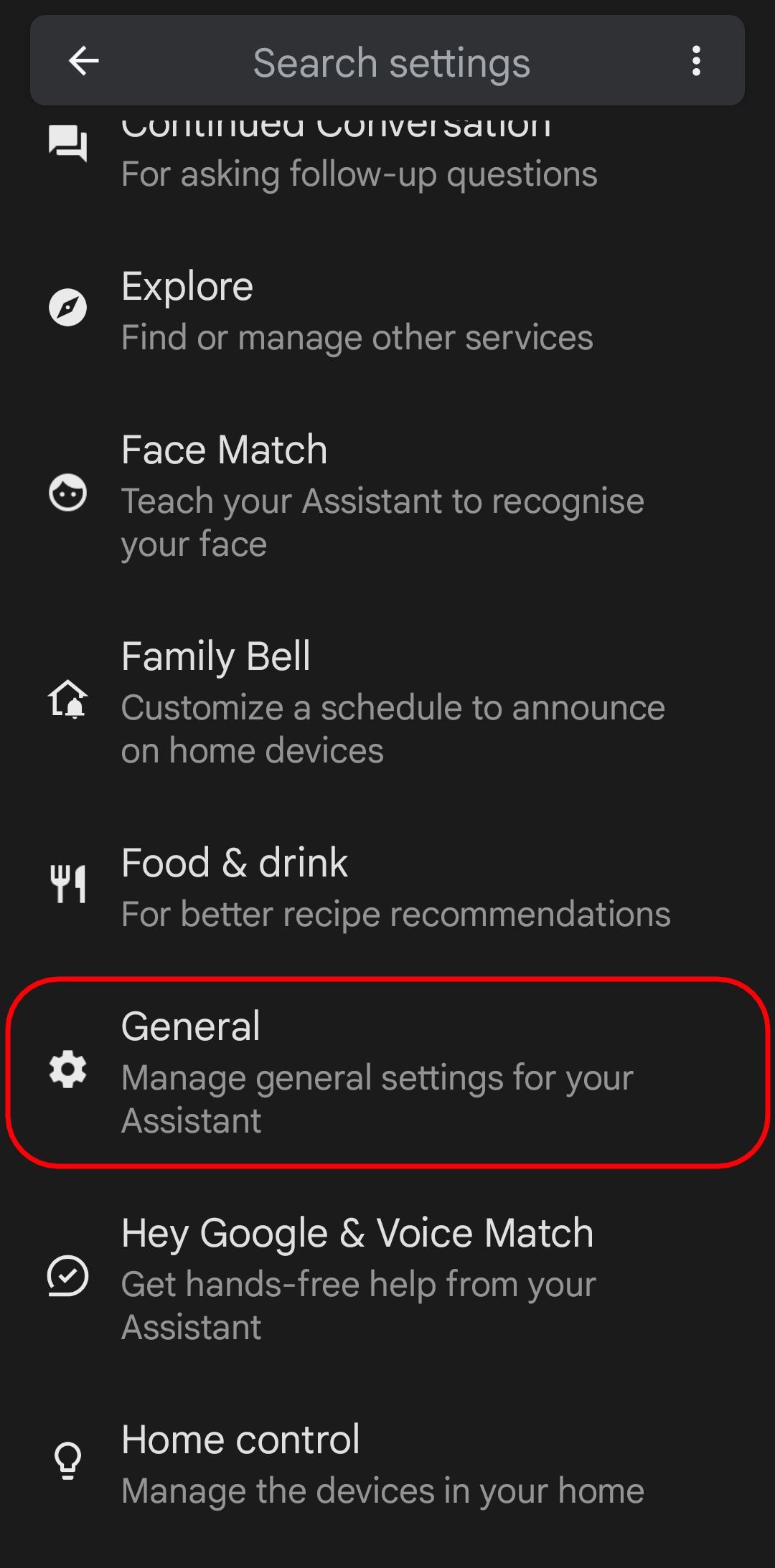 the google assistant options page with the general options highlighted