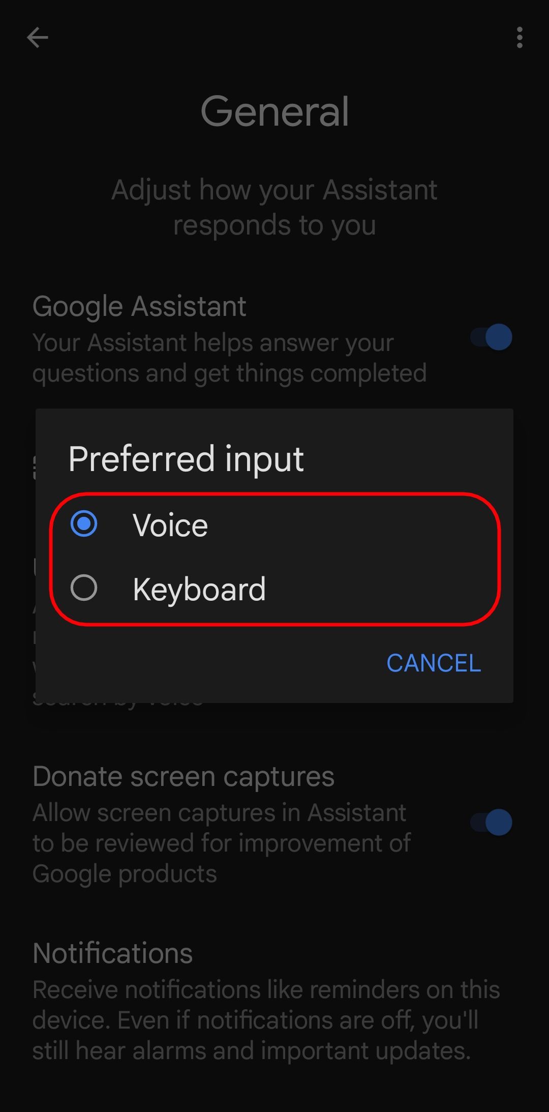 the google assistant preferred input pop up with the voice and keyboard toggles highlighted