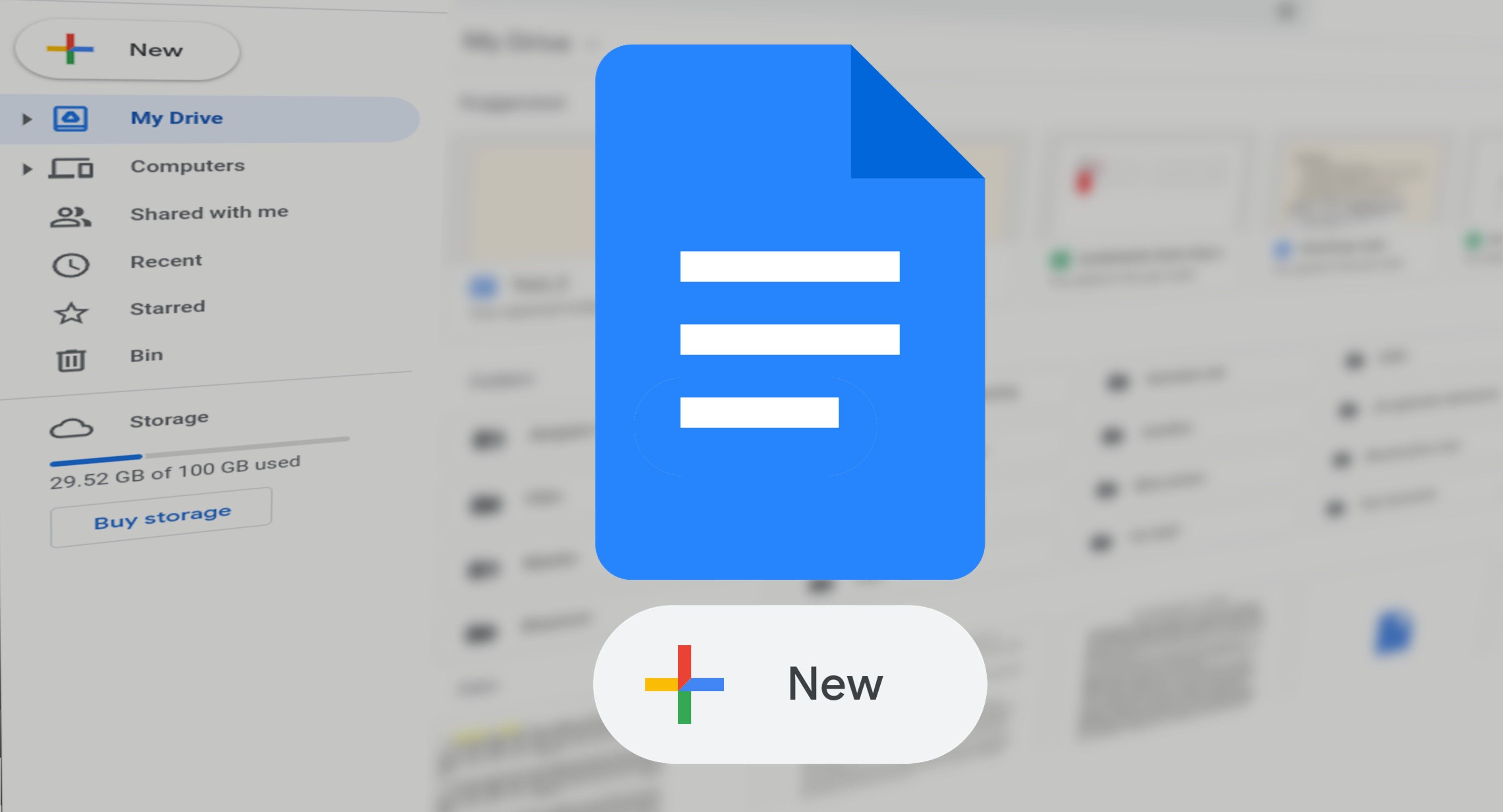 the google docs logo and a new button in the foreground with a warped google drive interface in the background