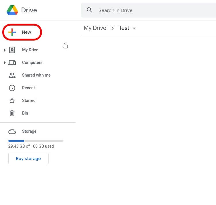 google drive web interface with the new button highlighted