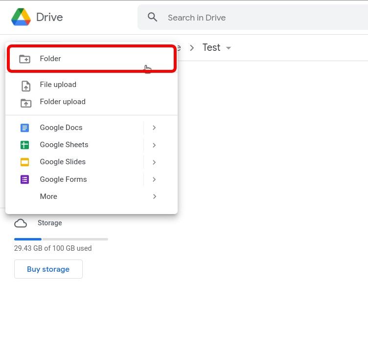 google drive desktop window with the new dropdown open and the folder option highlighted