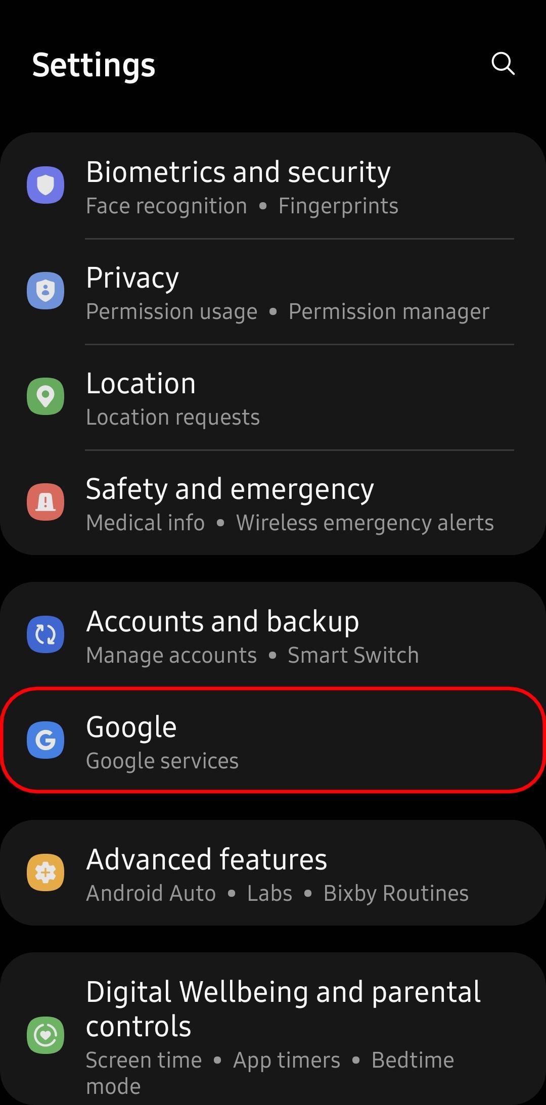 samsung main settings page with the google option highglighted
